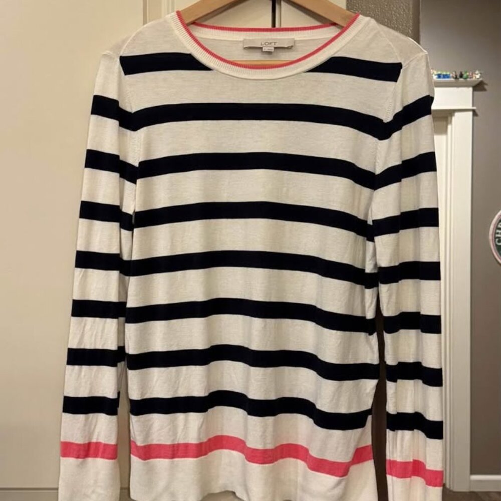 Women's Loft Long Sleeve Ivory with Navy Stripes and Pink Trim Knit Shirt-Size L - Picture 5 of 6